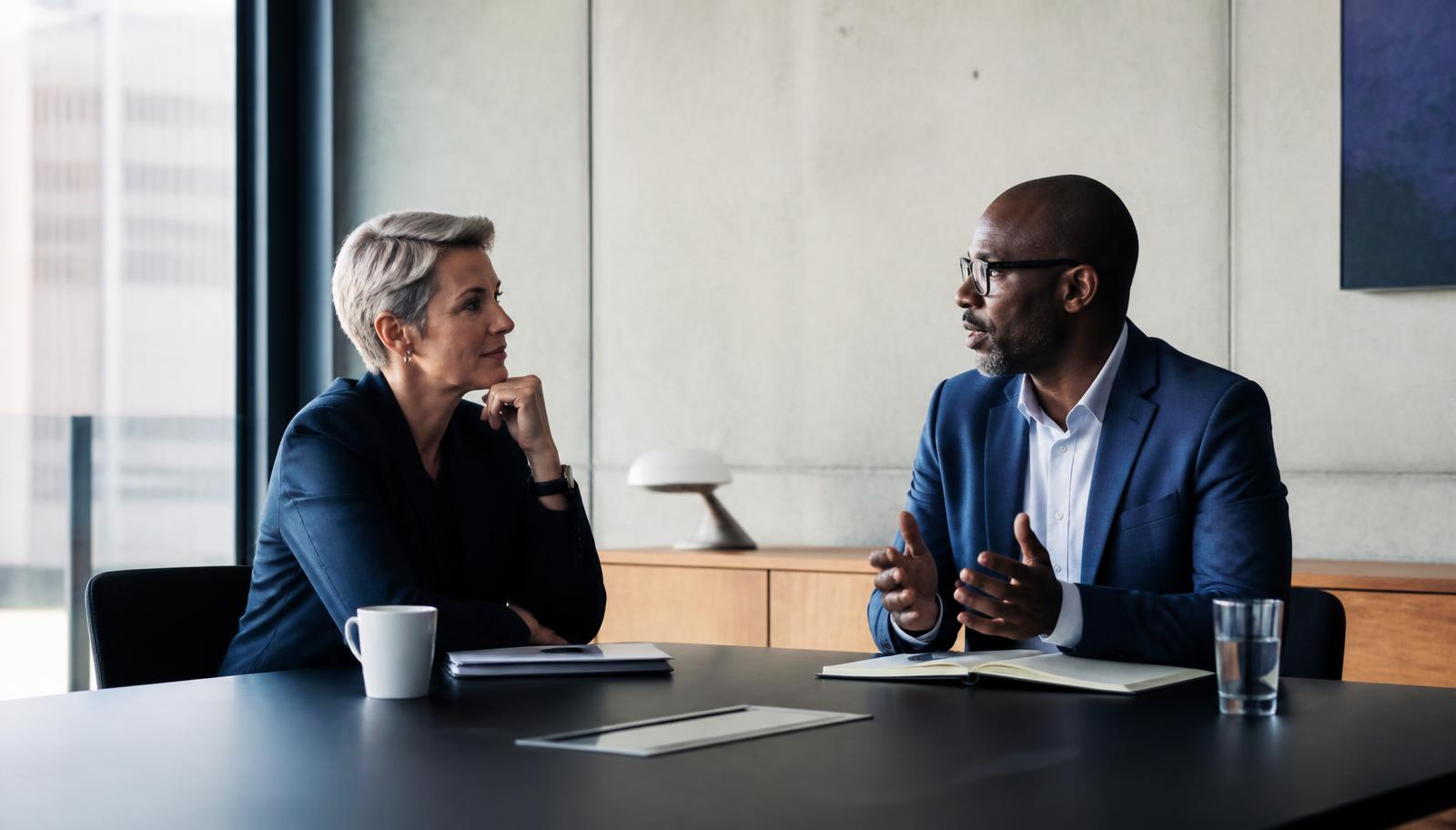 Dois líderes empresariais em conversa de análise em uma sala de reunião contemporânea